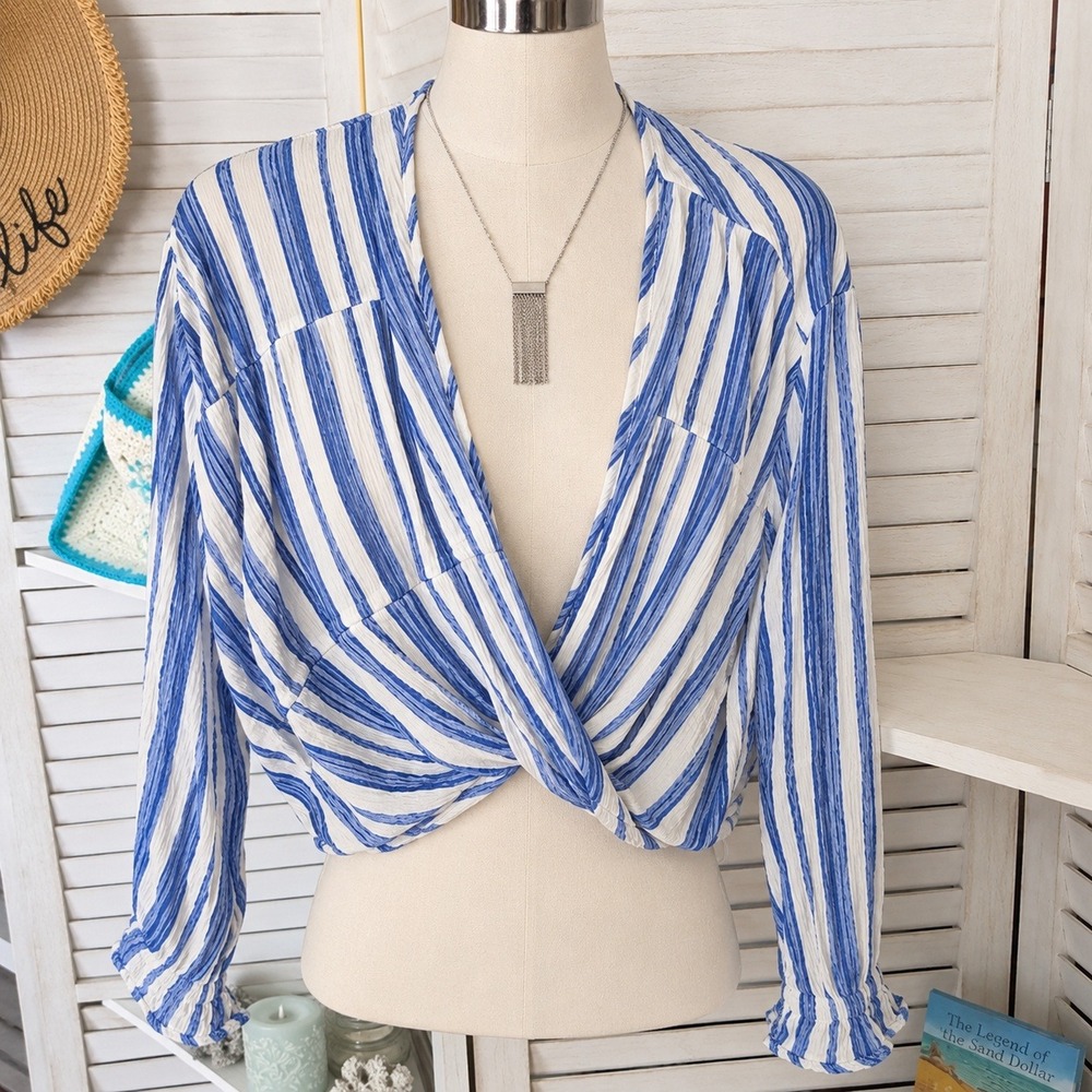 Sugarlips Blue White Striped Surplice Twist Front Blouse Size Small Rayon Top